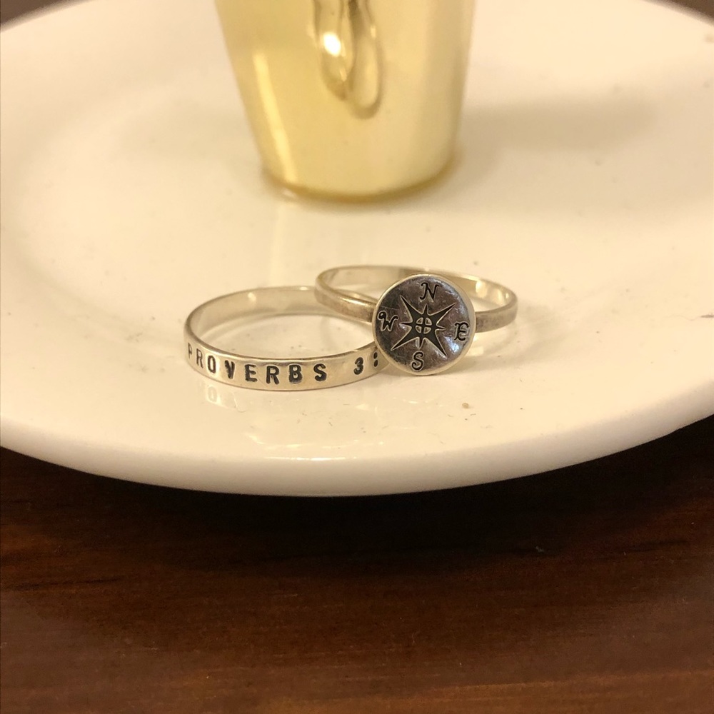Sterling Silver Compass + Proverbs 3:5-6 Ring Set - Picture 2 of 6